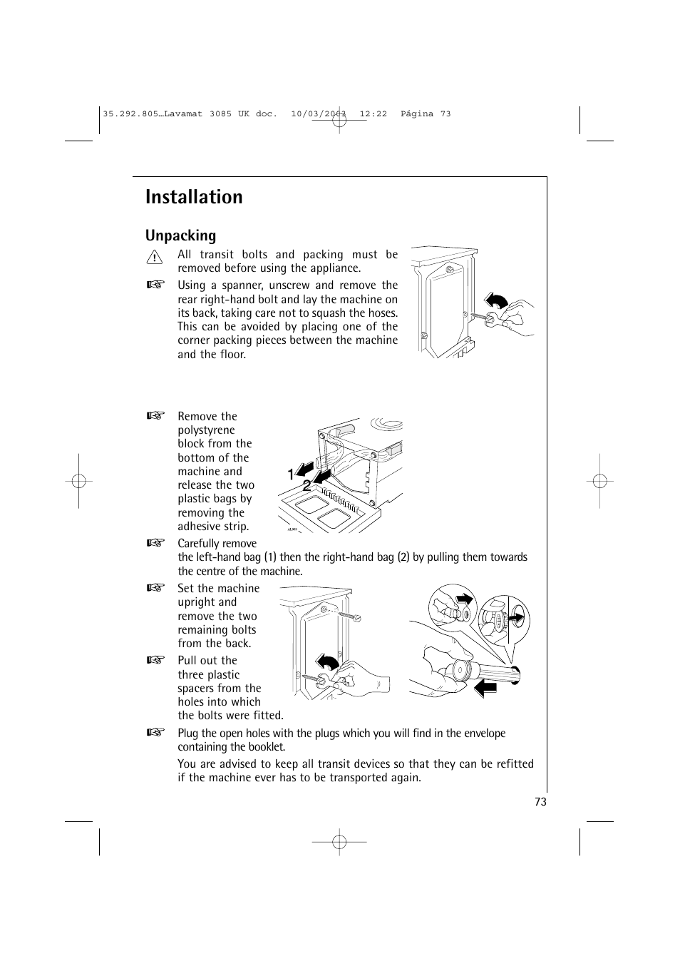 Installation, Unpacking | AEG LAVAMAT 3085 User Manual | Page 36 / 43