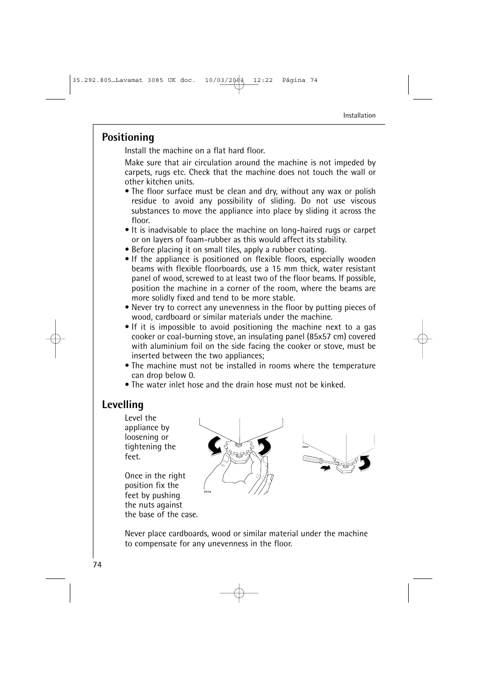 Positioning, Levelling | AEG LAVAMAT 3085 User Manual | Page 37 / 43