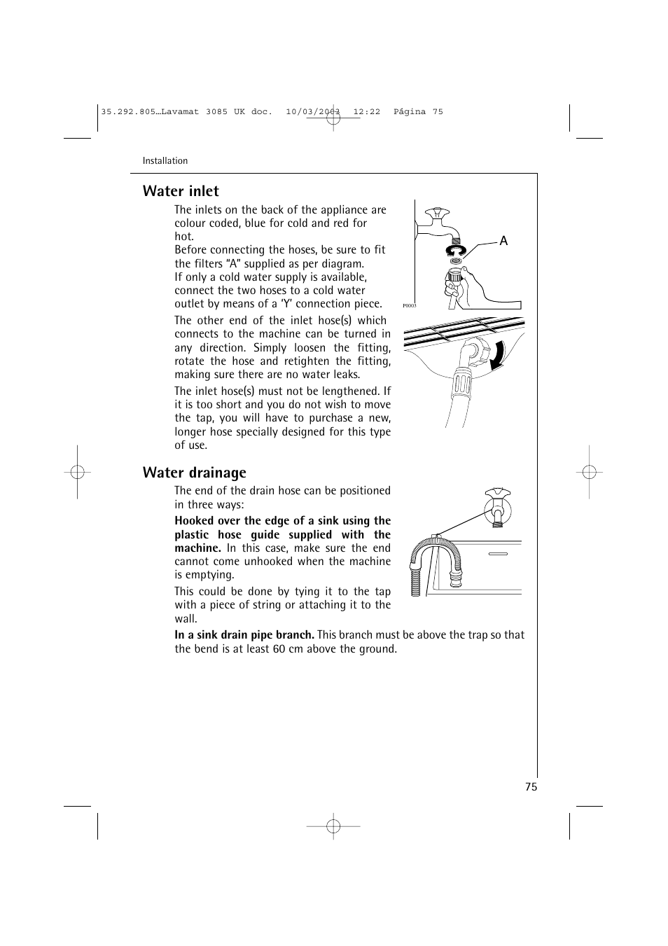 Water inlet, Water drainage | AEG LAVAMAT 3085 User Manual | Page 38 / 43
