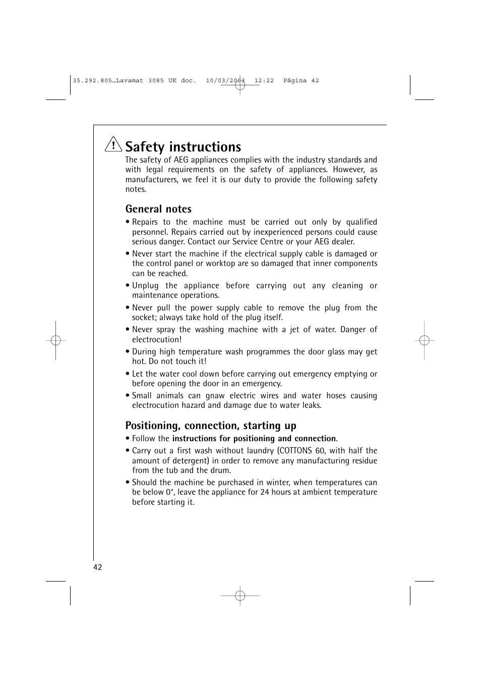 Safety instructions, Positioning, connection, starting up | AEG LAVAMAT 3085 User Manual | Page 5 / 43