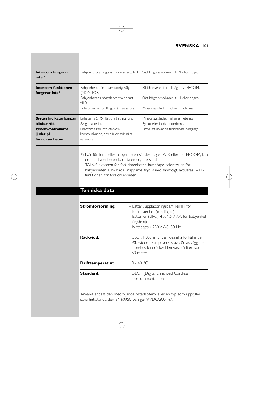 Tekniska data | Philips Vigilabebés DECT User Manual | Page 101 / 137
