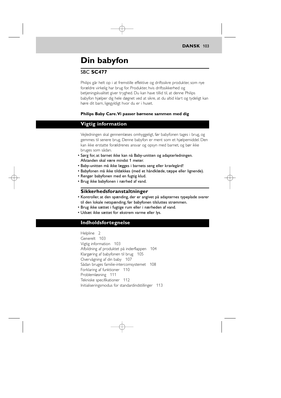 Din babyfon | Philips Vigilabebés DECT User Manual | Page 103 / 137