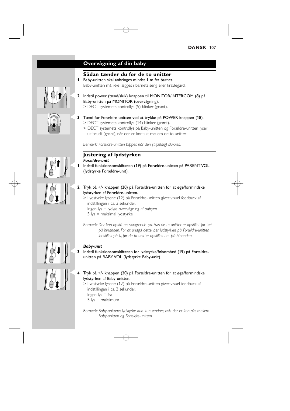 Justering af lydstyrken, Dansk, Level system power | Philips Vigilabebés DECT User Manual | Page 107 / 137