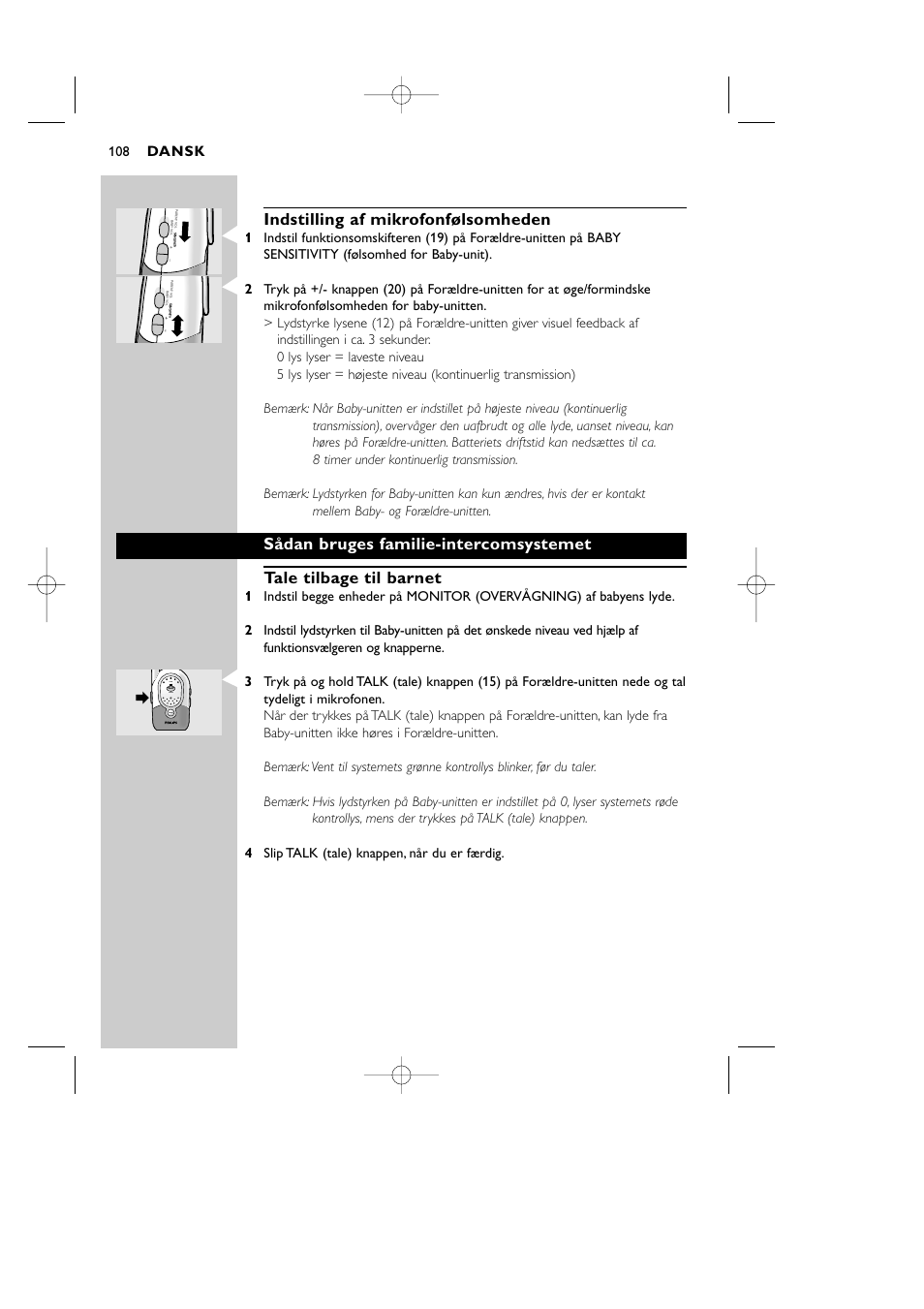 Indstilling af mikrofonfølsomheden, Dansk | Philips Vigilabebés DECT User Manual | Page 108 / 137