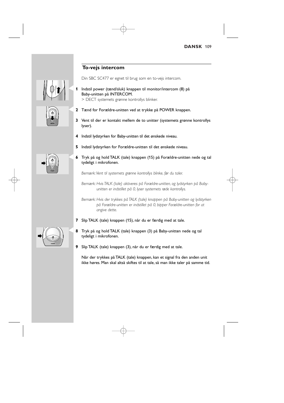 To-vejs intercom, Dansk | Philips Vigilabebés DECT User Manual | Page 109 / 137