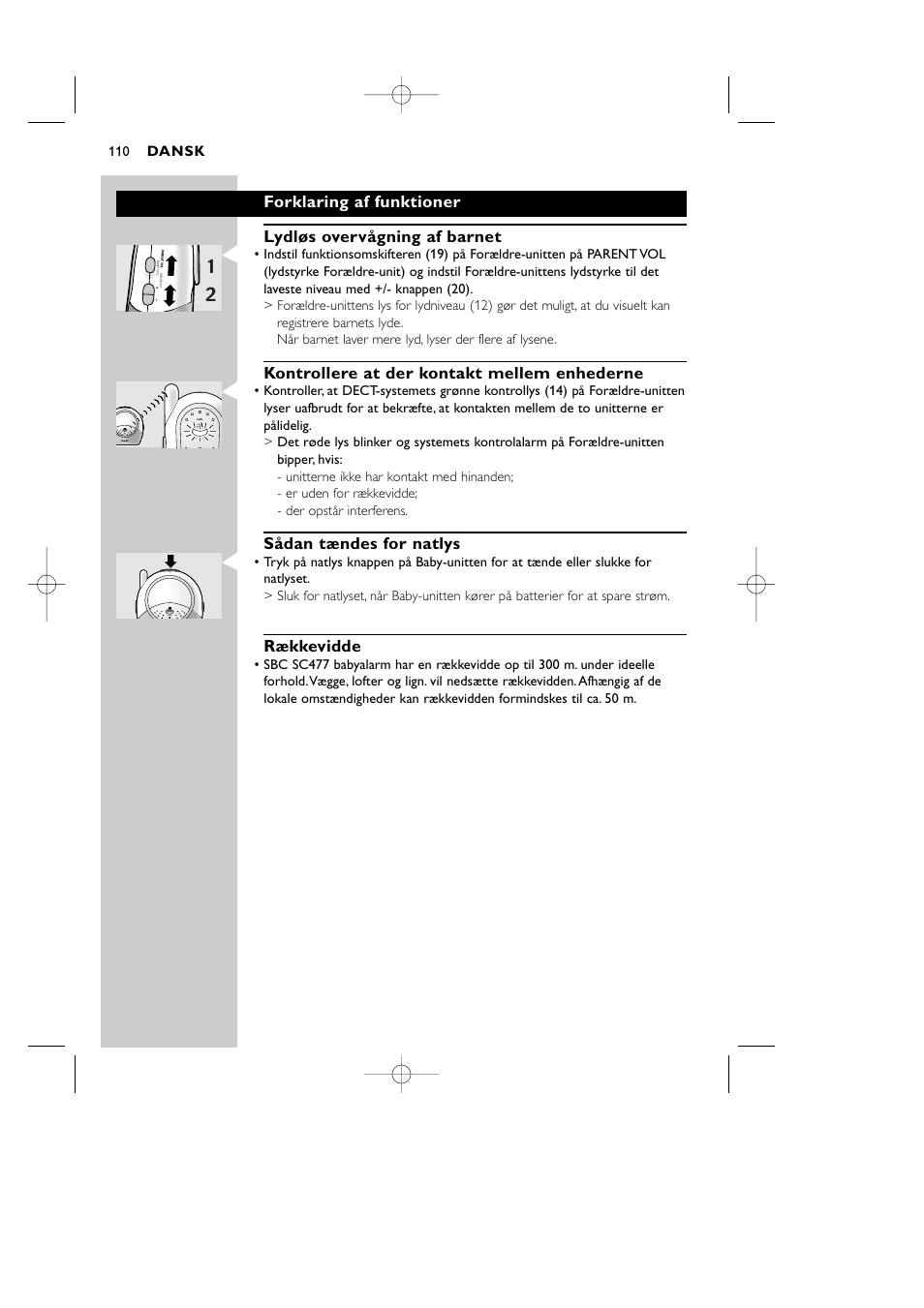 Kontrollere at der kontakt mellem enhederne, Sådan tændes for natlys, Rækkevidde | Dansk, Light system, 110 light system | Philips Vigilabebés DECT User Manual | Page 110 / 137