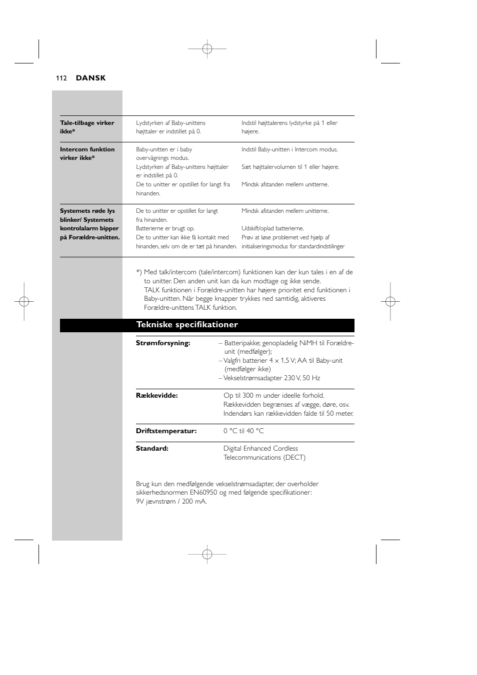 Tekniske specifikationer | Philips Vigilabebés DECT User Manual | Page 112 / 137