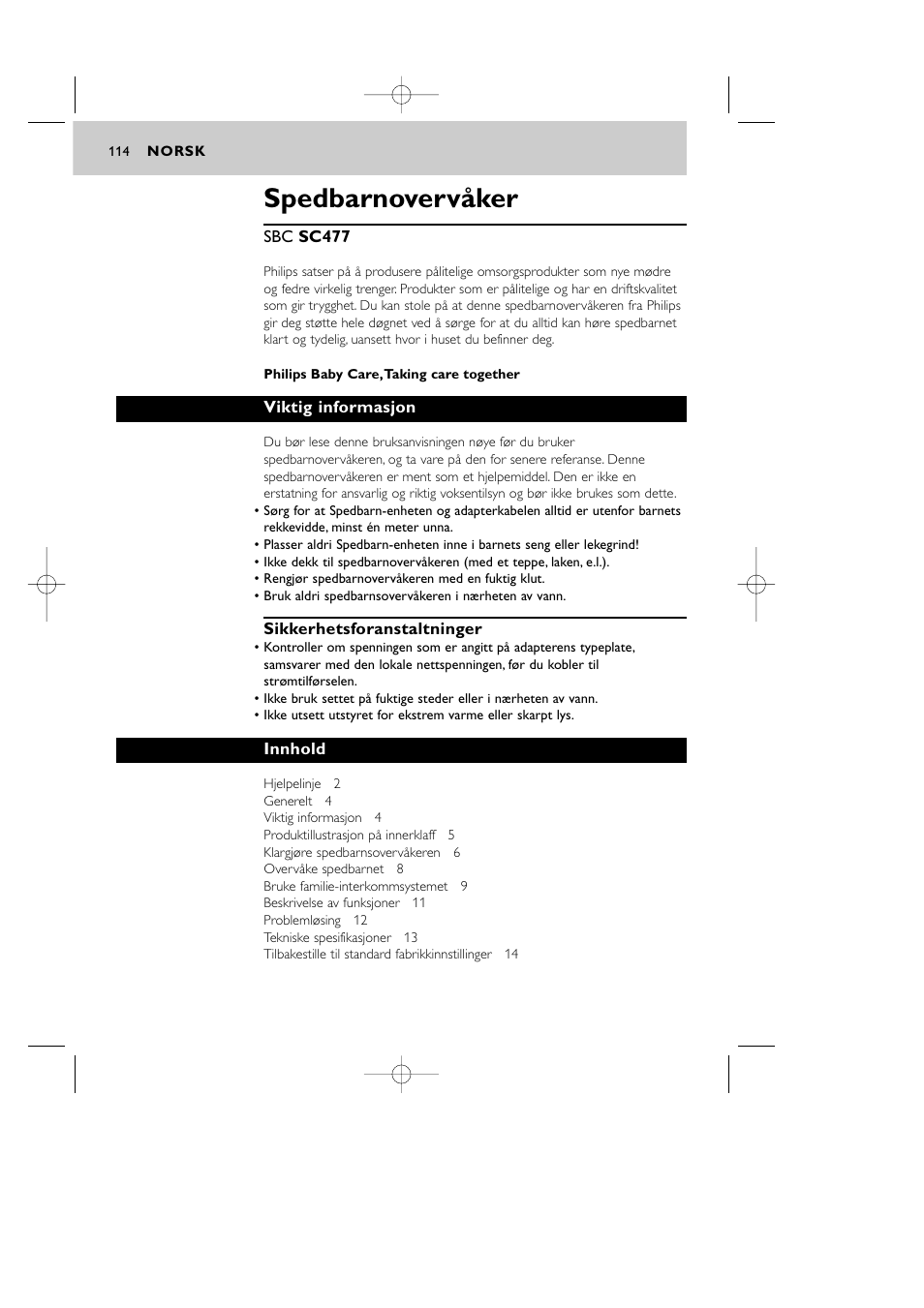 Spedbarnovervåker | Philips Vigilabebés DECT User Manual | Page 114 / 137