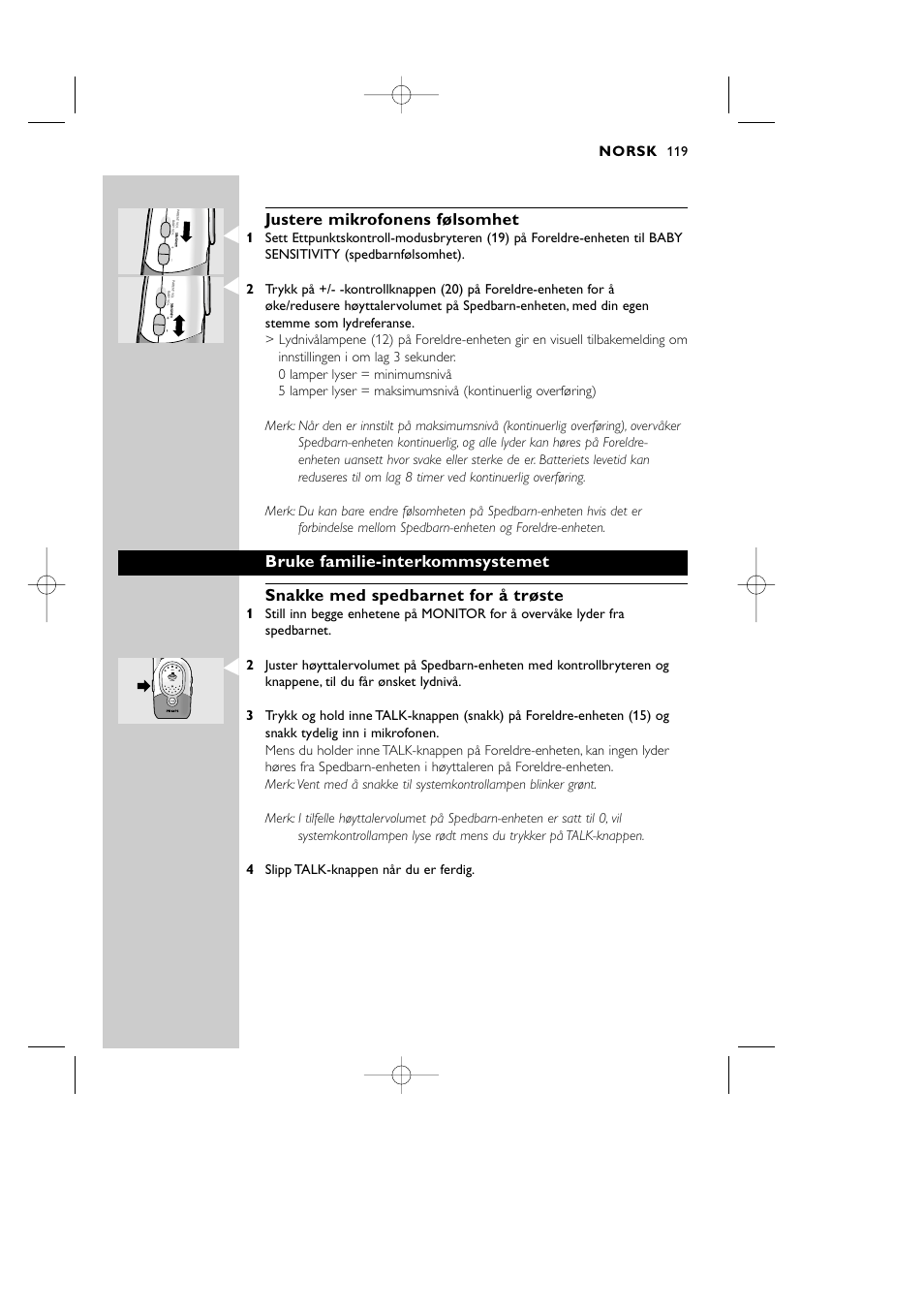 Justere mikrofonens følsomhet, Norsk | Philips Vigilabebés DECT User Manual | Page 119 / 137