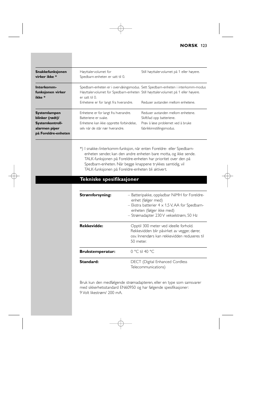 Tekniske spesifikasjoner | Philips Vigilabebés DECT User Manual | Page 123 / 137