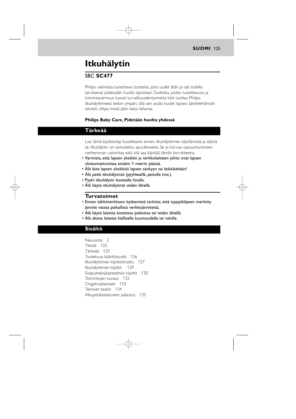 Itkuhälytin | Philips Vigilabebés DECT User Manual | Page 125 / 137