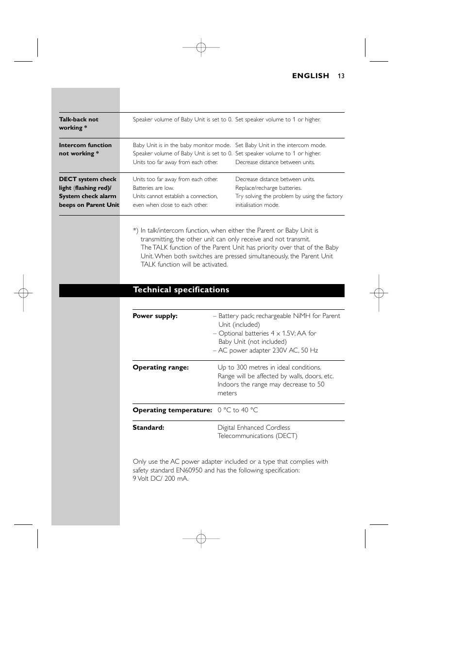 Technical specifications | Philips Vigilabebés DECT User Manual | Page 13 / 137