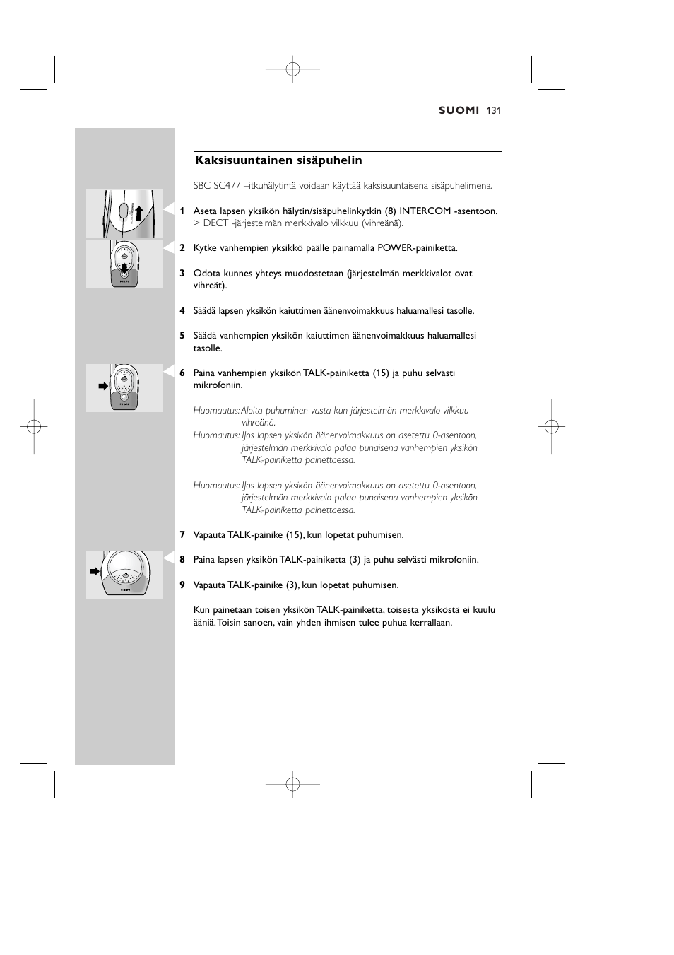 Kaksisuuntainen sisäpuhelin, Suomi | Philips Vigilabebés DECT User Manual | Page 131 / 137