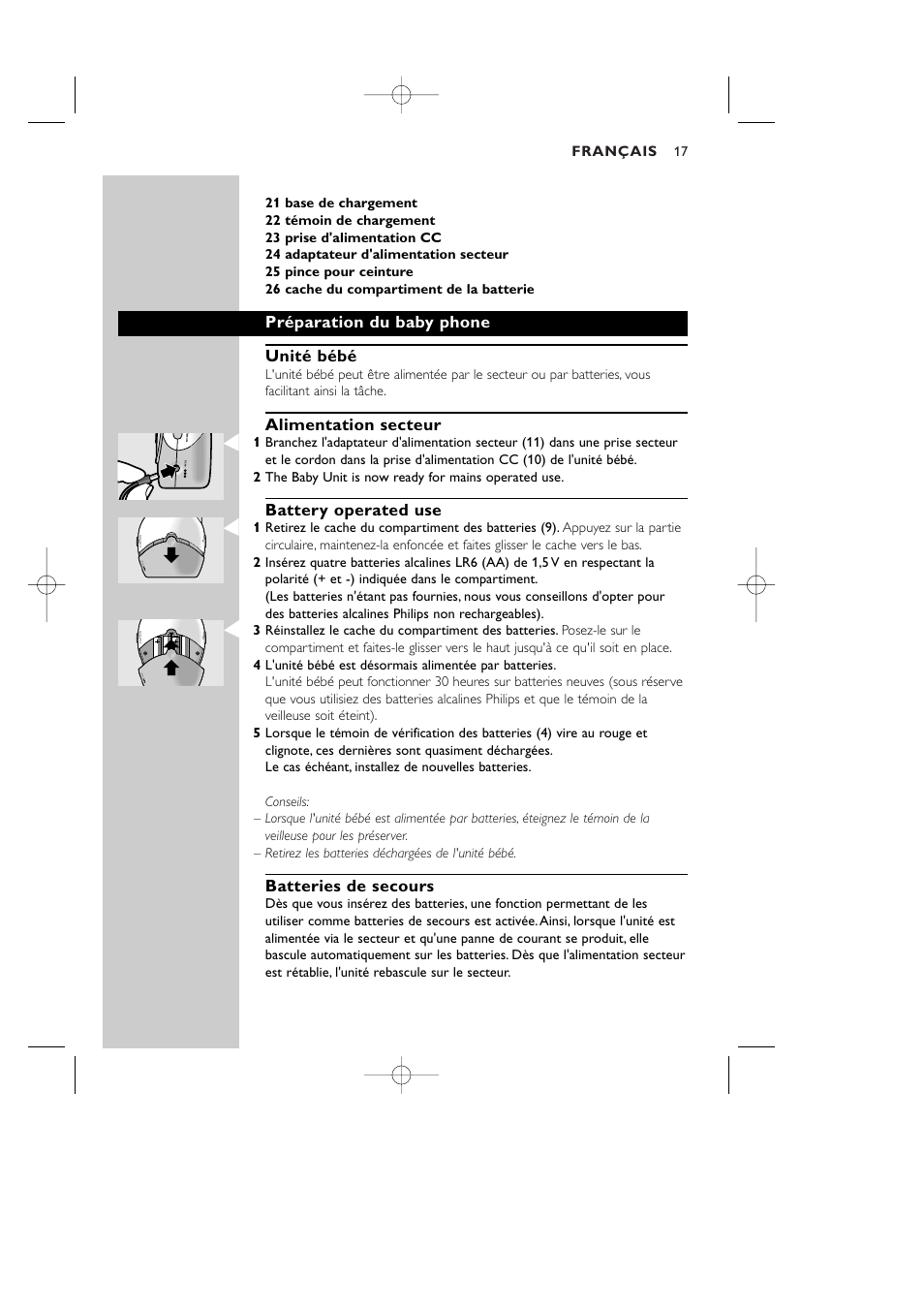 Préparation du baby phone unité bébé, Alimentation secteur, Battery operated use | Batteries de secours | Philips Vigilabebés DECT User Manual | Page 17 / 137