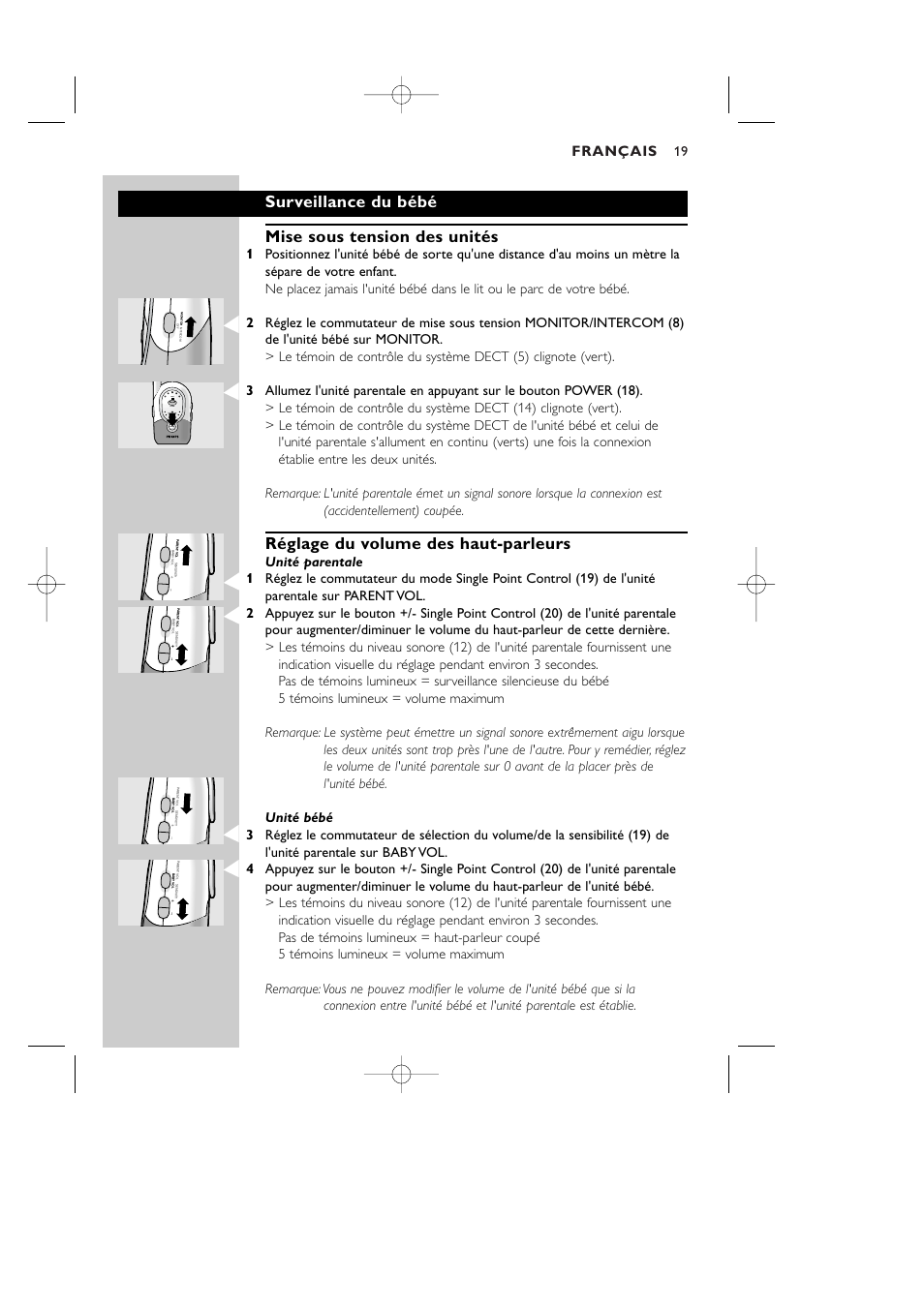 Surveillance du bébé mise sous tension des unités, Réglage du volume des haut-parleurs, Français | Level system power | Philips Vigilabebés DECT User Manual | Page 19 / 137