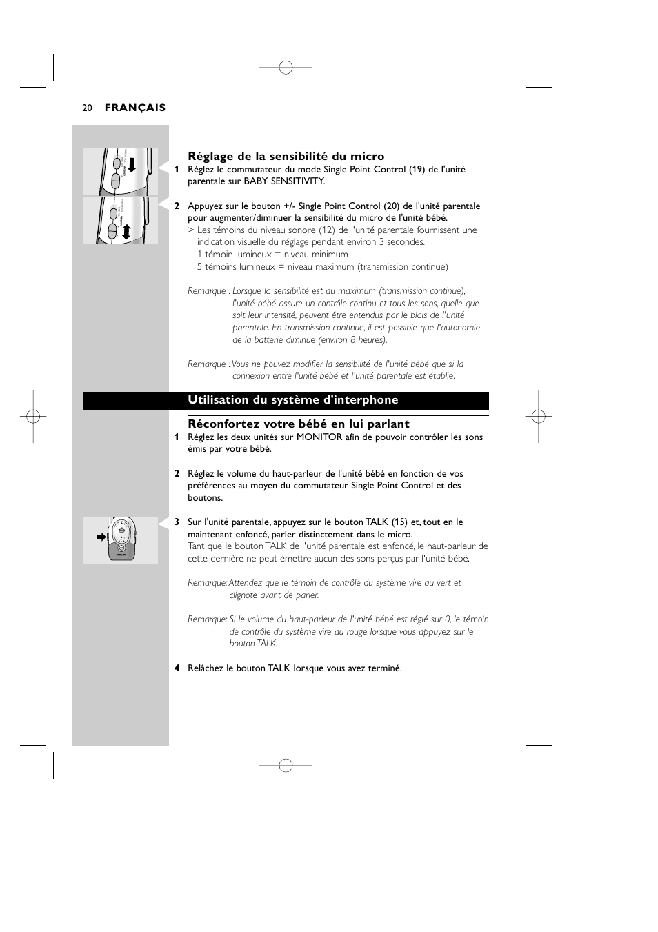 Réglage de la sensibilité du micro, Français | Philips Vigilabebés DECT User Manual | Page 20 / 137