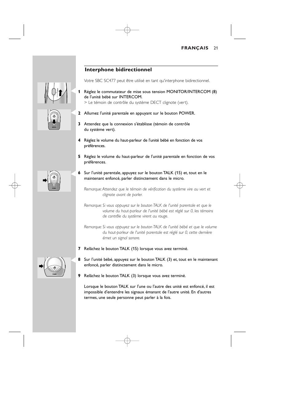 Interphone bidirectionnel, Français | Philips Vigilabebés DECT User Manual | Page 21 / 137