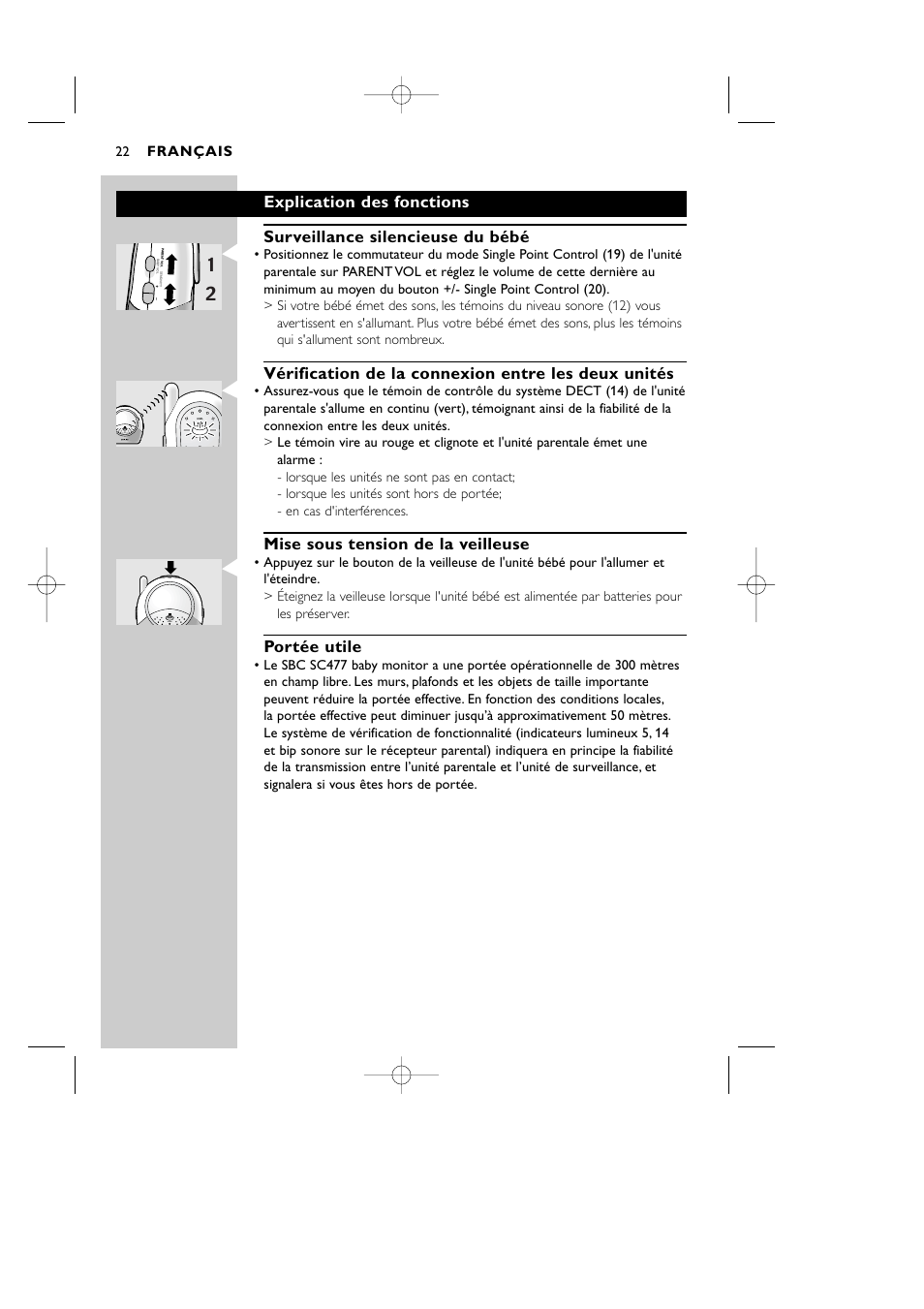 Vérification de la connexion entre les deux unités, Mise sous tension de la veilleuse, Portée utile | Français, Light system, 22 light system | Philips Vigilabebés DECT User Manual | Page 22 / 137