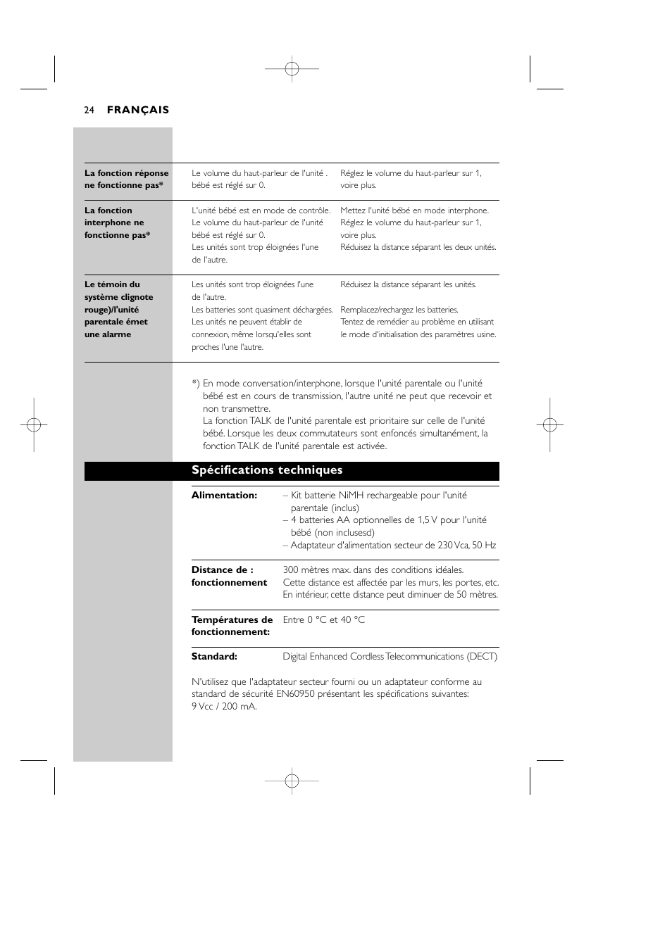 Spécifications techniques | Philips Vigilabebés DECT User Manual | Page 24 / 137