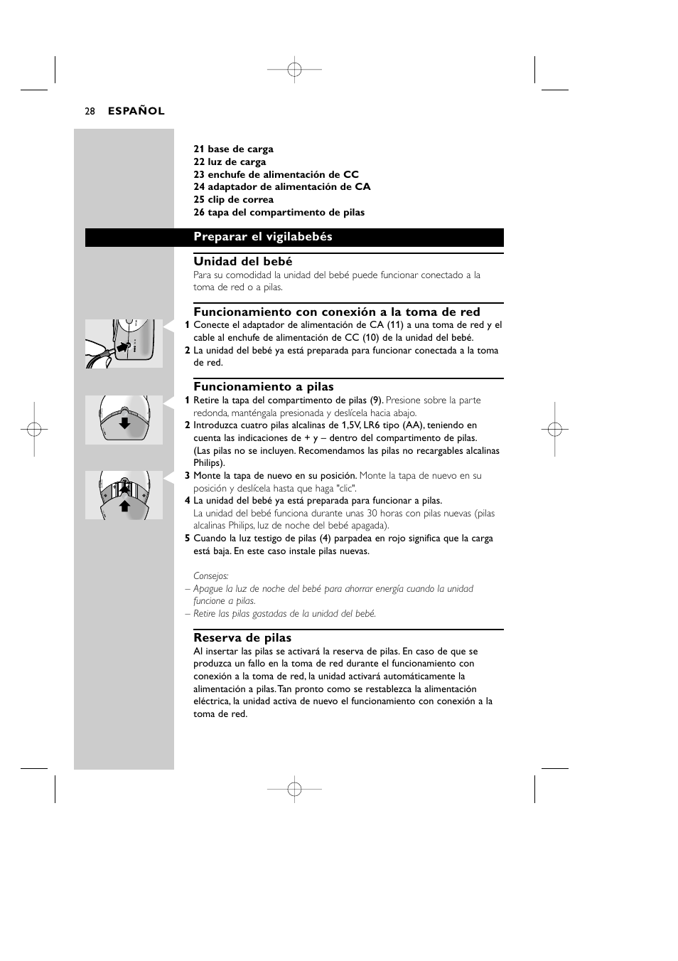 Preparar el vigilabebés unidad del bebé, Funcionamiento con conexión a la toma de red, Funcionamiento a pilas | Reserva de pilas | Philips Vigilabebés DECT User Manual | Page 28 / 137