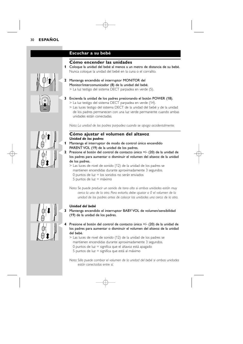 Escuchar a su bebé cómo encender las unidades, Cómo ajustar el volumen del altavoz, Español | Level system power | Philips Vigilabebés DECT User Manual | Page 30 / 137