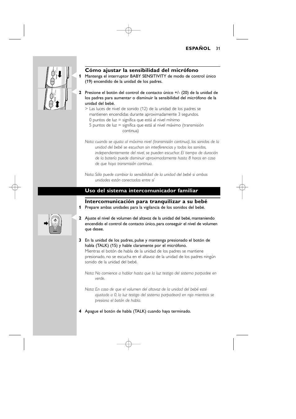 Cómo ajustar la sensibilidad del micrófono, Español | Philips Vigilabebés DECT User Manual | Page 31 / 137