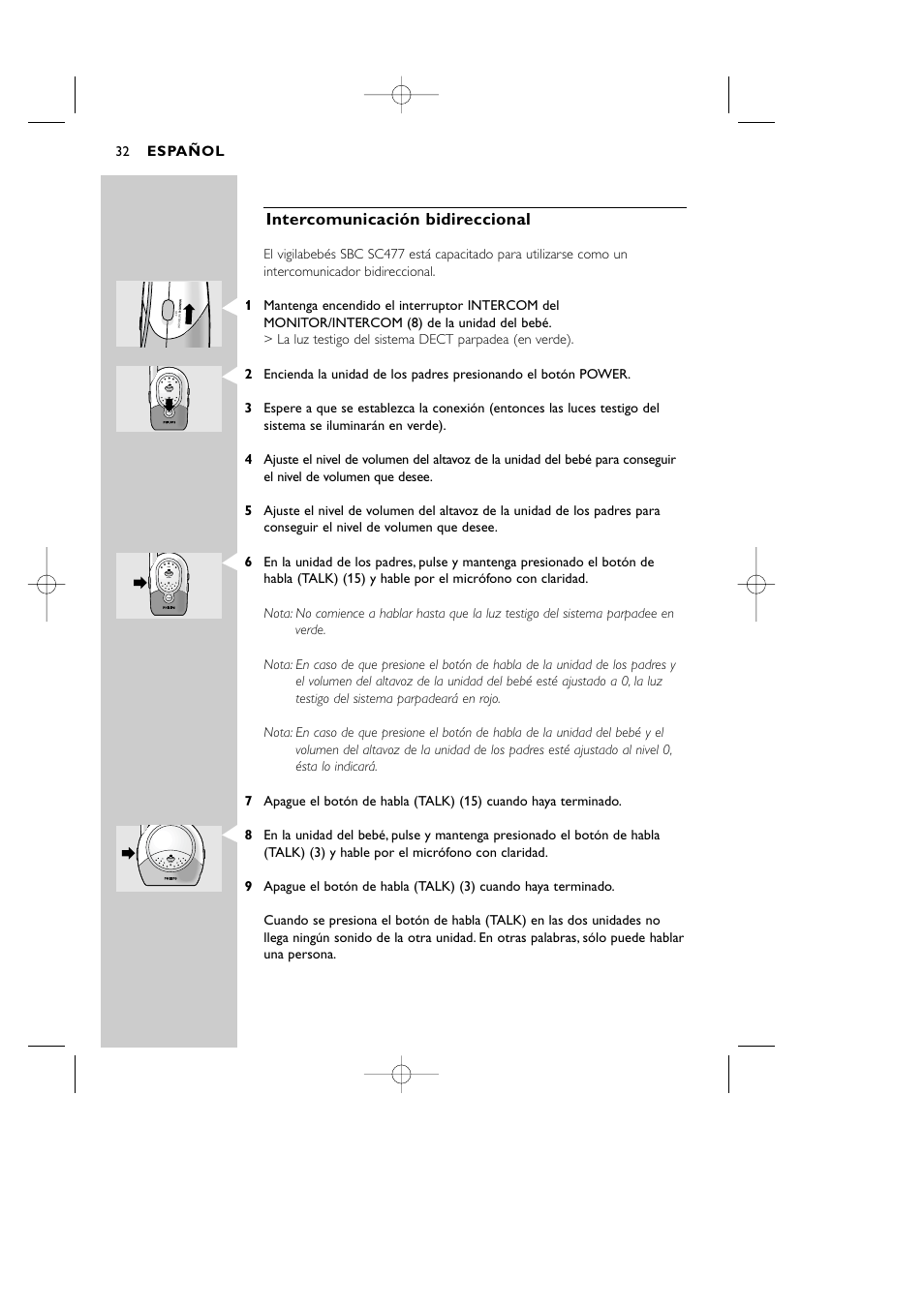 Intercomunicación bidireccional, Español | Philips Vigilabebés DECT User Manual | Page 32 / 137