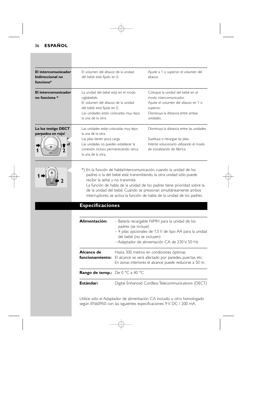 Especificaciones técnicas | Philips Vigilabebés DECT User Manual | Page 36 / 137