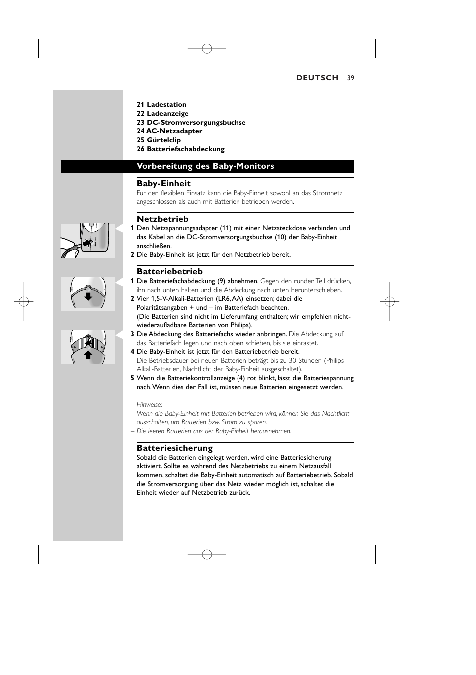 Vorbereitung des baby-monitors baby-einheit, Netzbetrieb, Batteriebetrieb | Batteriesicherung | Philips Vigilabebés DECT User Manual | Page 39 / 137
