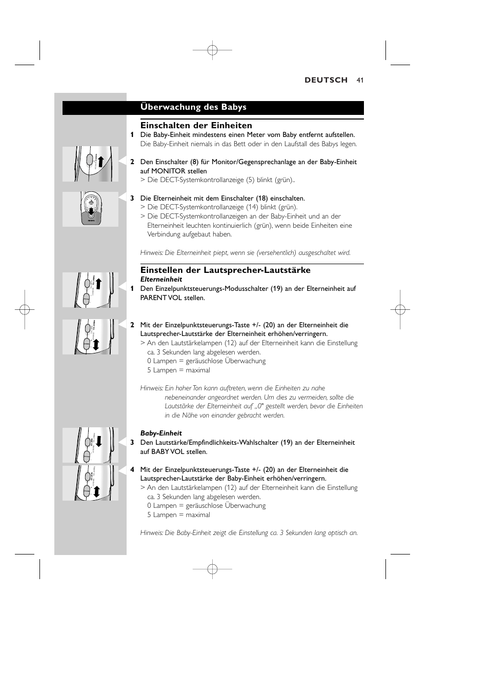 Überwachung des babys einschalten der einheiten, Einstellen der lautsprecher-lautstärke, Deutsch | Level system power | Philips Vigilabebés DECT User Manual | Page 41 / 137