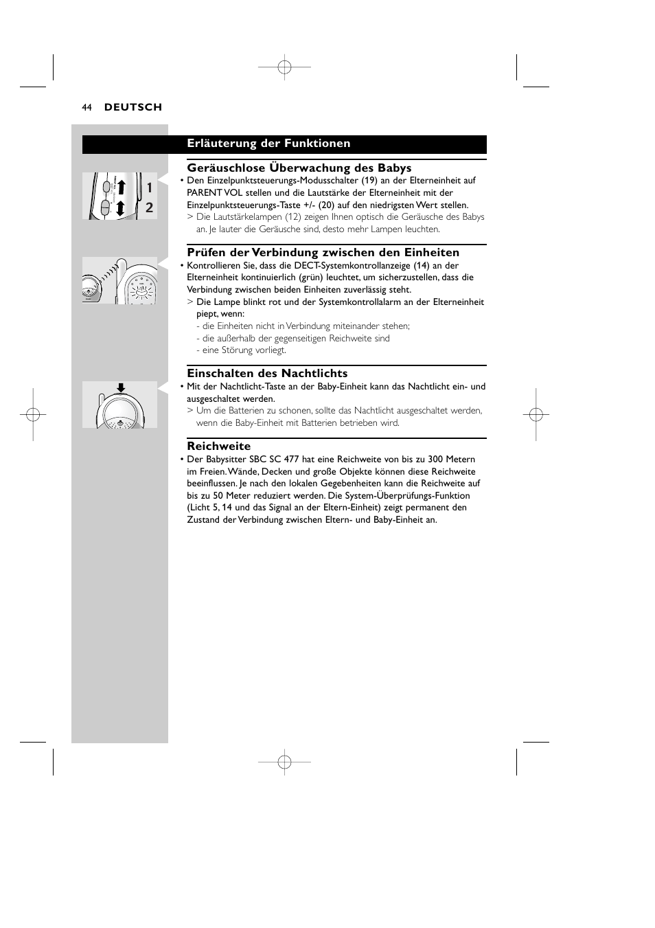 Prüfen der verbindung zwischen den einheiten, Einschalten des nachtlichts, Reichweite | Deutsch, Light system, 44 light system | Philips Vigilabebés DECT User Manual | Page 44 / 137