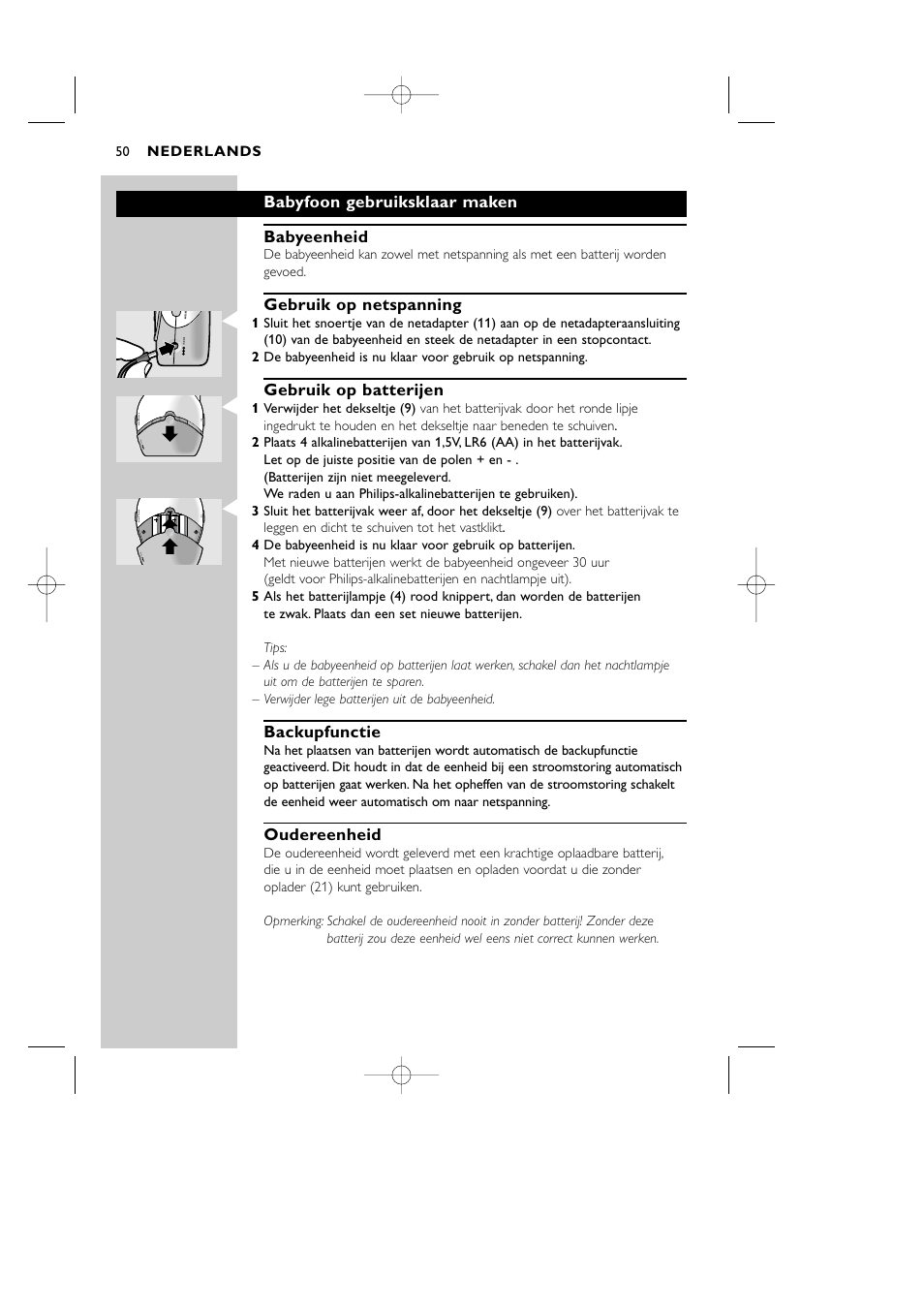 Babyfoon gebruiksklaar maken babyeenheid, Gebruik op netspanning, Gebruik op batterijen | Backupfunctie, Oudereenheid | Philips Vigilabebés DECT User Manual | Page 50 / 137