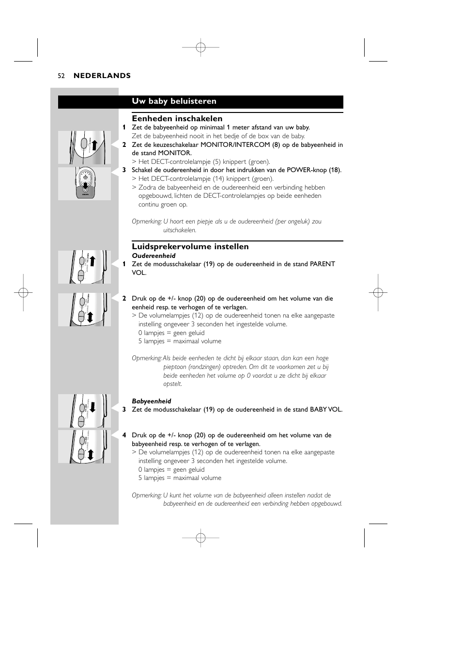 Uw baby beluisteren eenheden inschakelen, Luidsprekervolume instellen, Nederlands | Level system power | Philips Vigilabebés DECT User Manual | Page 52 / 137