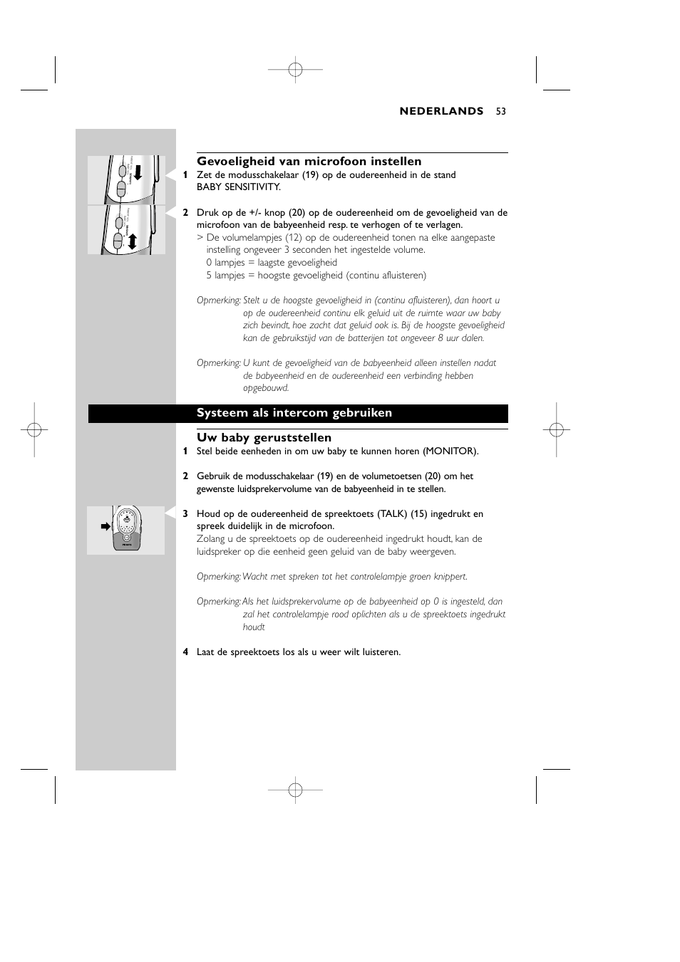 Gevoeligheid van microfoon instellen, Nederlands | Philips Vigilabebés DECT User Manual | Page 53 / 137