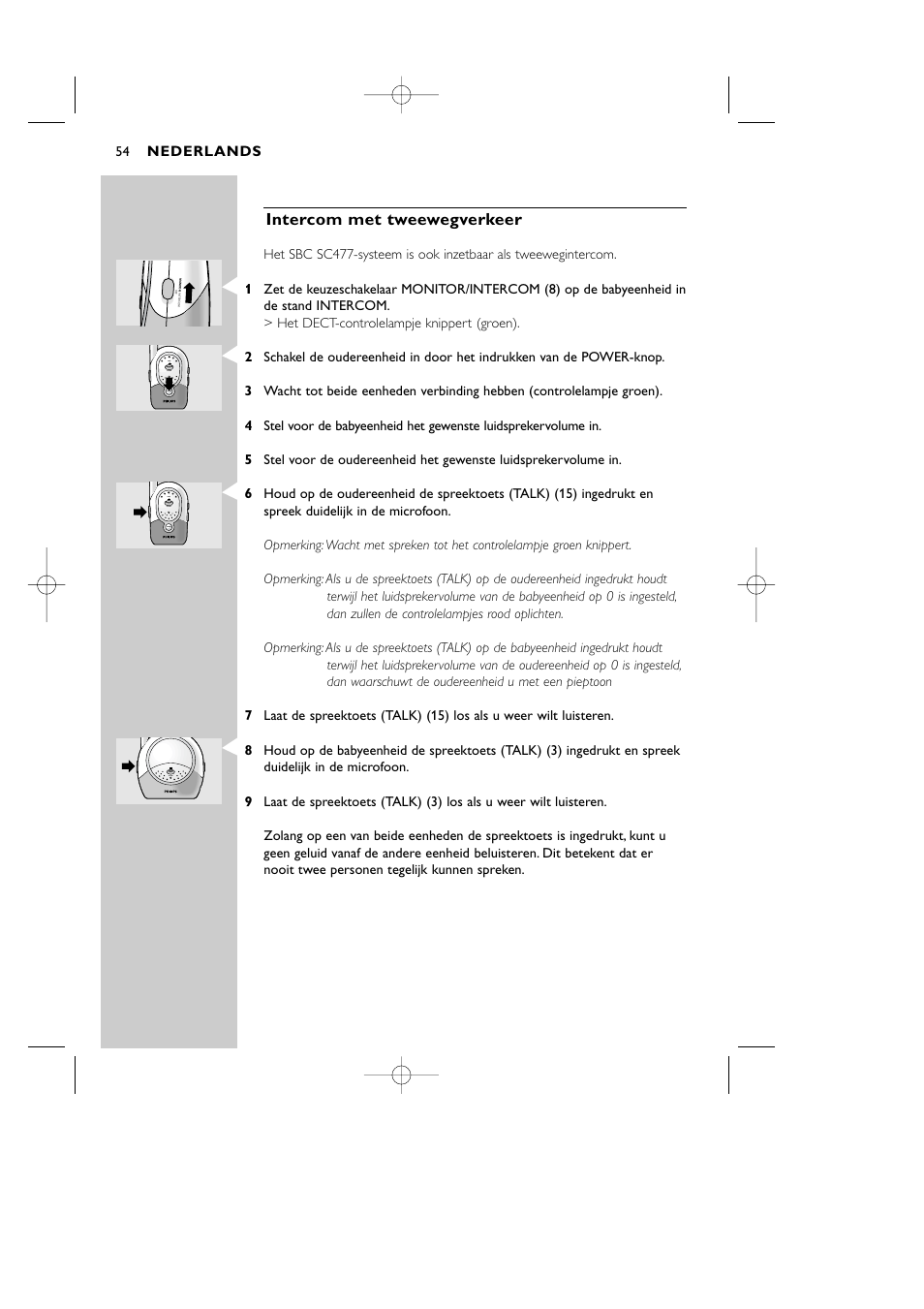 Intercom met tweewegverkeer, Nederlands | Philips Vigilabebés DECT User Manual | Page 54 / 137