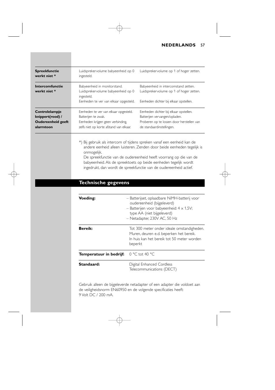 Technische gegevens | Philips Vigilabebés DECT User Manual | Page 57 / 137