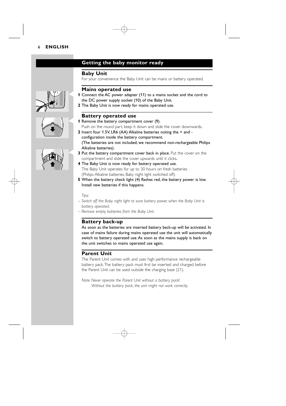 Getting the baby monitor ready baby unit, Mains operated use, Battery operated use | Battery back-up, Parent unit | Philips Vigilabebés DECT User Manual | Page 6 / 137