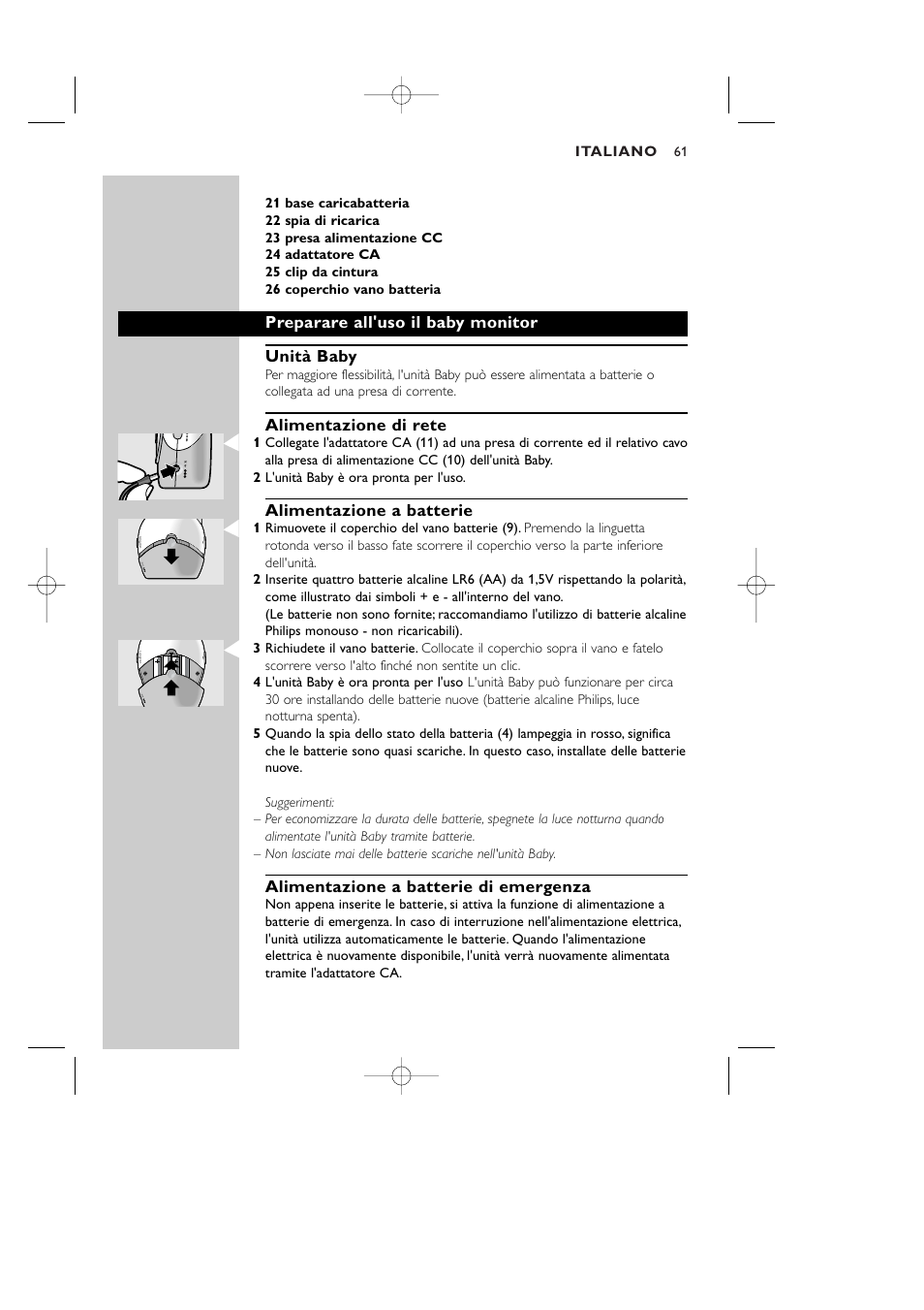 Preparare all'uso il baby monitor unità baby, Alimentazione di rete, Alimentazione a batterie | Alimentazione a batterie di emergenza | Philips Vigilabebés DECT User Manual | Page 61 / 137