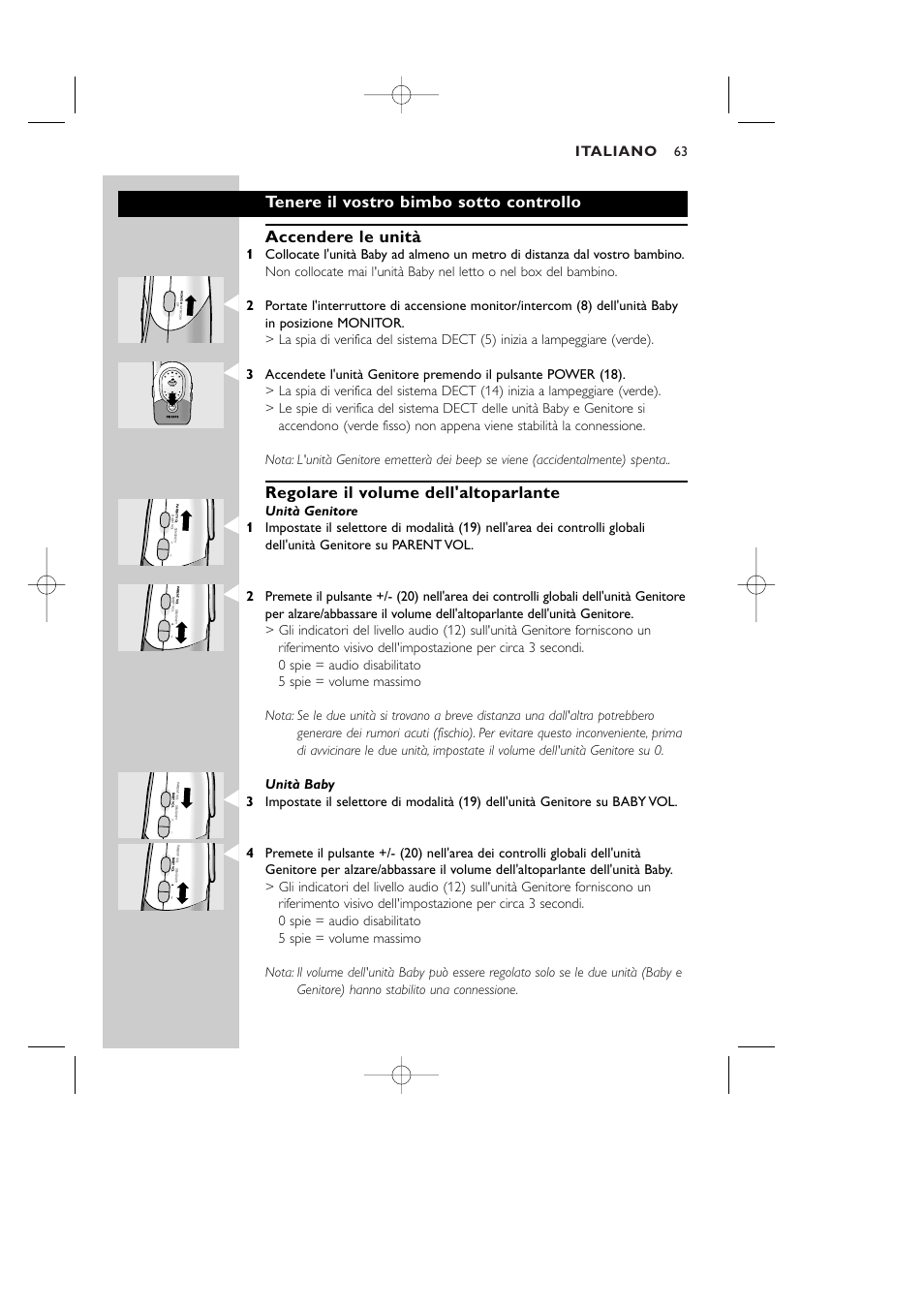 Regolare il volume dell'altoparlante, Italiano, Level system power | Philips Vigilabebés DECT User Manual | Page 63 / 137