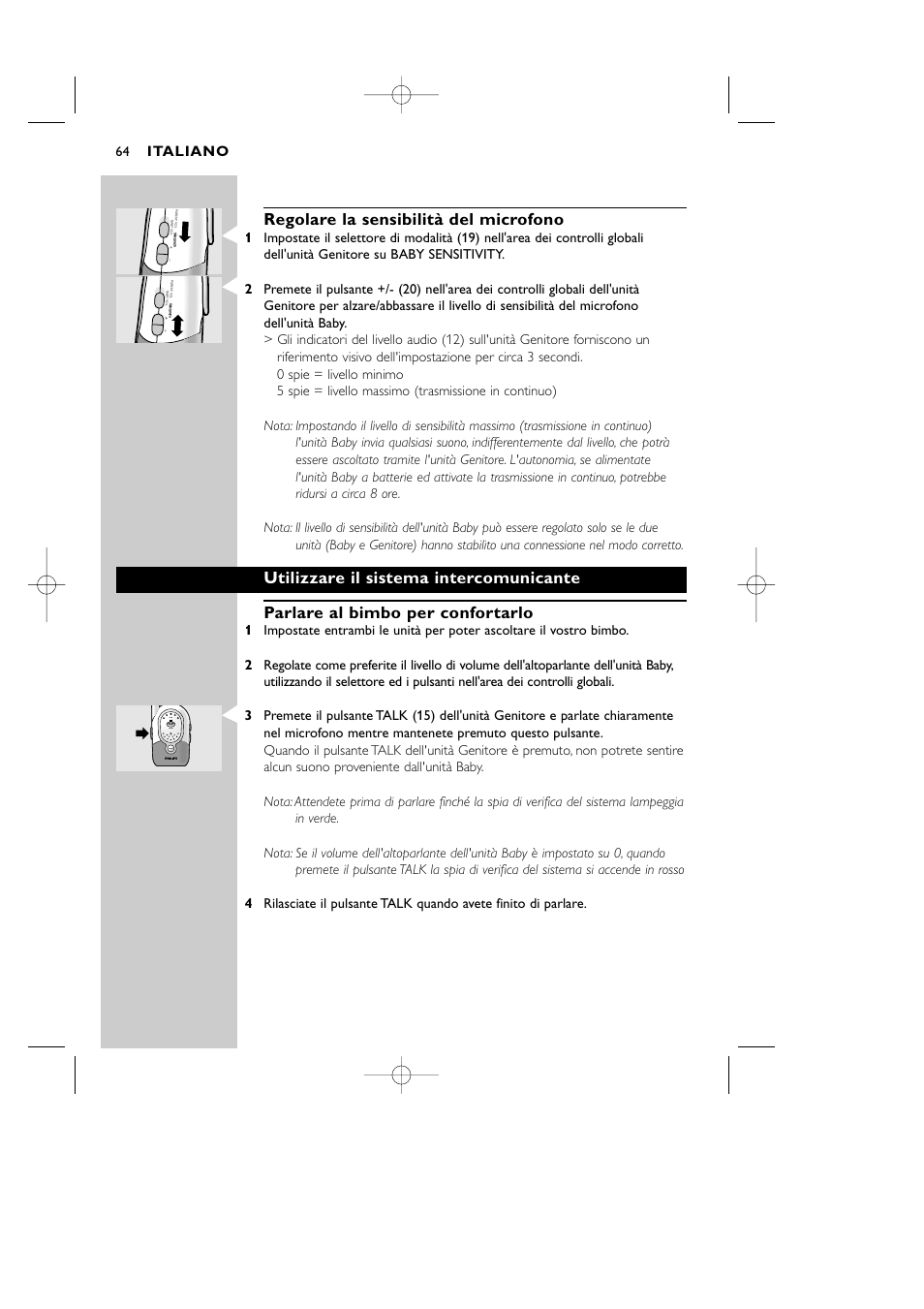 Regolare la sensibilità del microfono, Italiano | Philips Vigilabebés DECT User Manual | Page 64 / 137