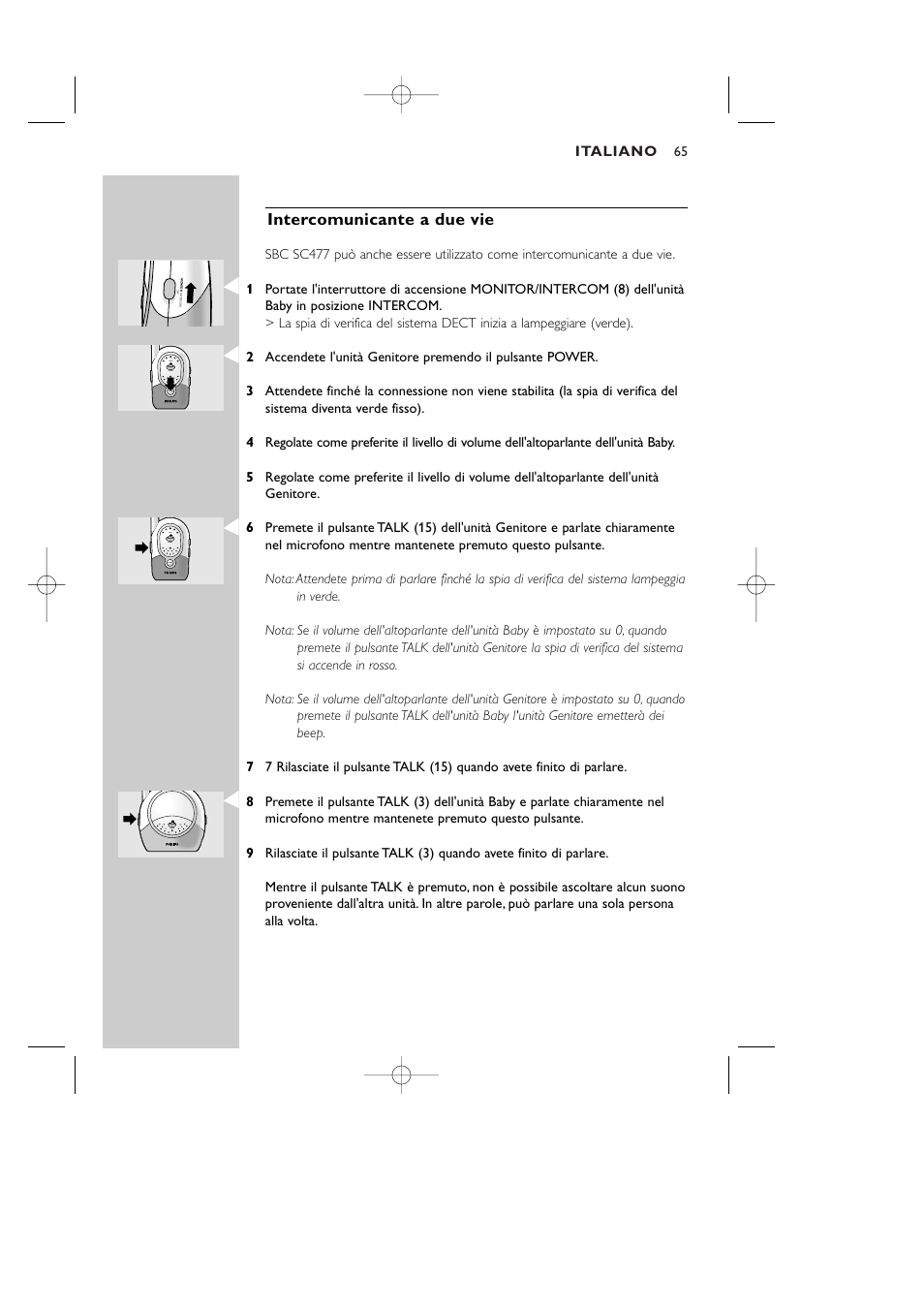 Intercomunicante a due vie, Italiano | Philips Vigilabebés DECT User Manual | Page 65 / 137