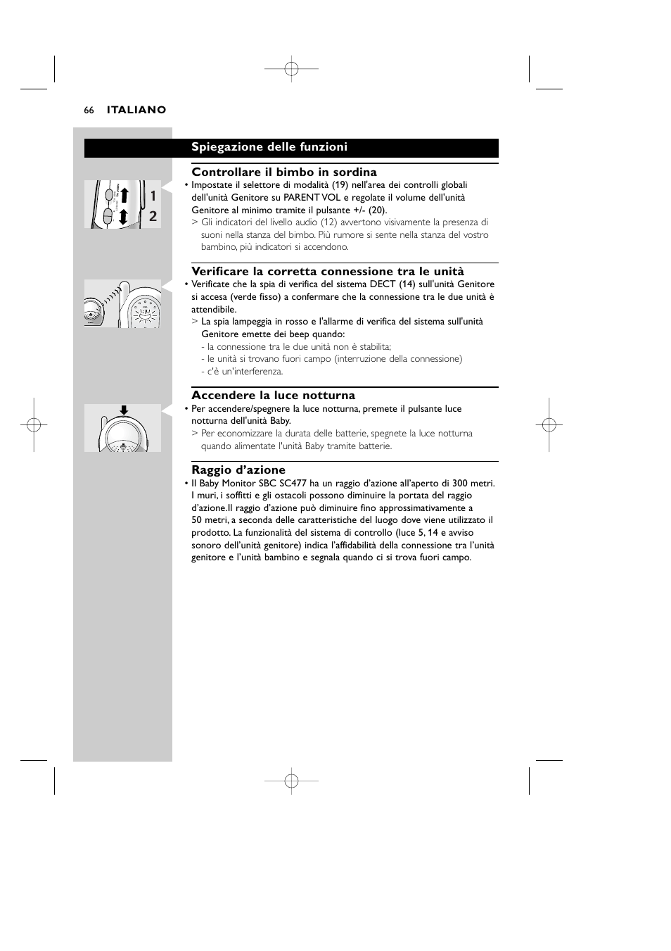 Verificare la corretta connessione tra le unità, Accendere la luce notturna, Raggio d’azione | Italiano, Light system, 66 light system | Philips Vigilabebés DECT User Manual | Page 66 / 137
