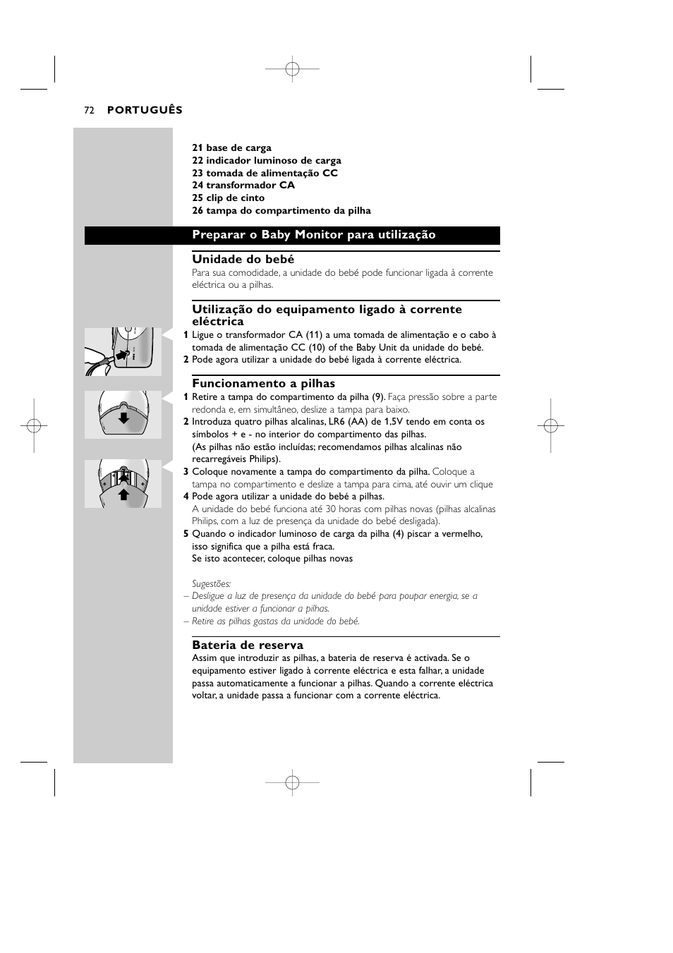 Funcionamento a pilhas, Bateria de reserva | Philips Vigilabebés DECT User Manual | Page 72 / 137