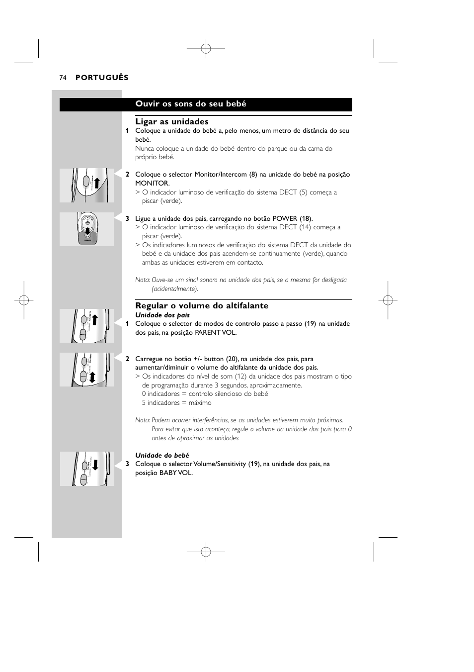 Ouvir os sons do seu bebé ligar as unidades, Regular o volume do altifalante, Português | Level system power | Philips Vigilabebés DECT User Manual | Page 74 / 137
