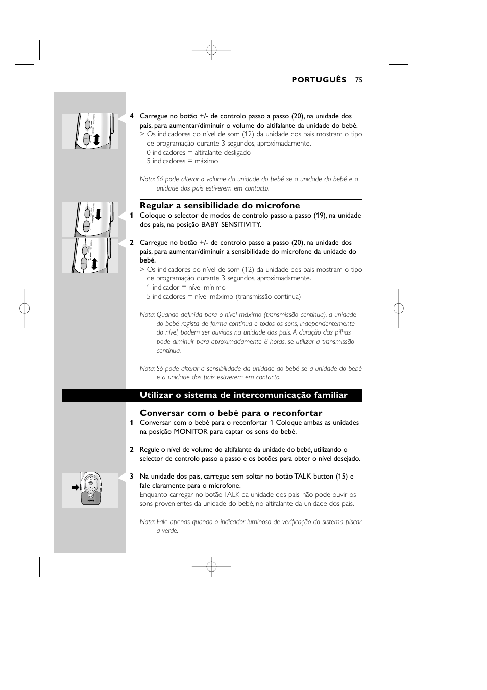 Regular a sensibilidade do microfone, Português | Philips Vigilabebés DECT User Manual | Page 75 / 137