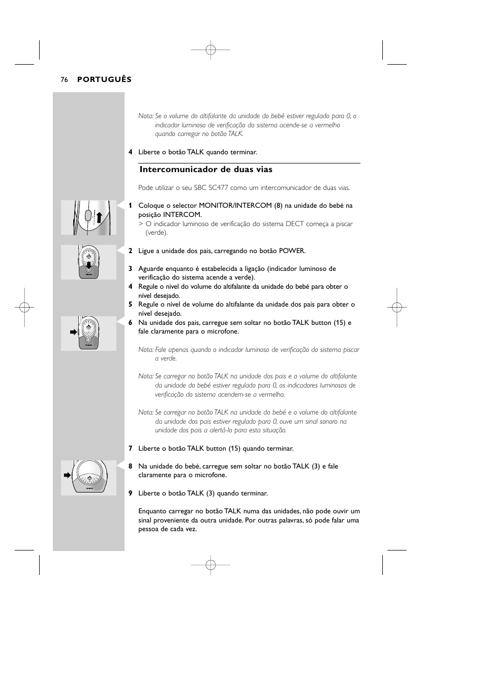 Intercomunicador de duas vias, Português | Philips Vigilabebés DECT User Manual | Page 76 / 137