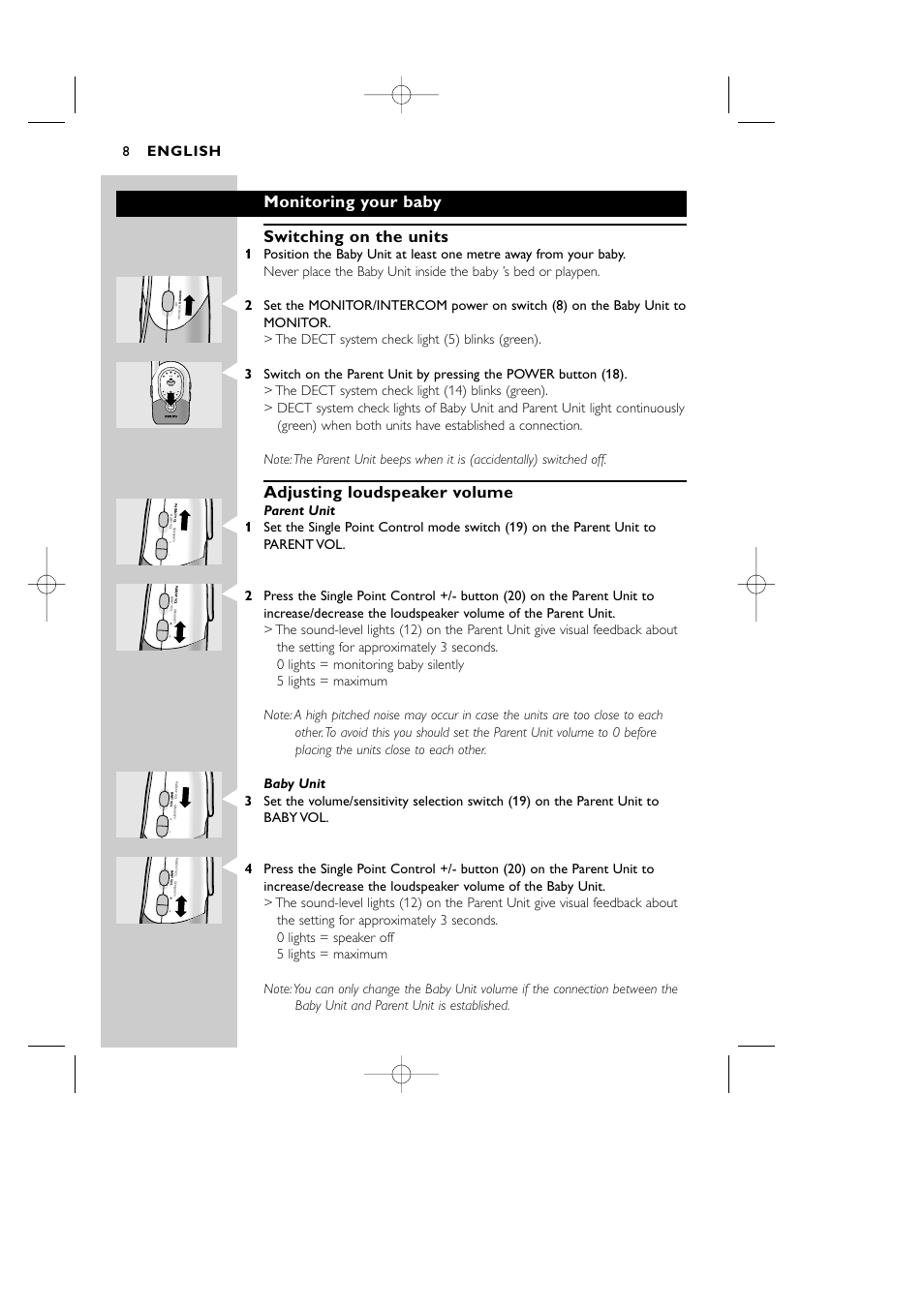 Monitoring your baby switching on the units, Adjusting loudspeaker volume, English | Level system power | Philips Vigilabebés DECT User Manual | Page 8 / 137