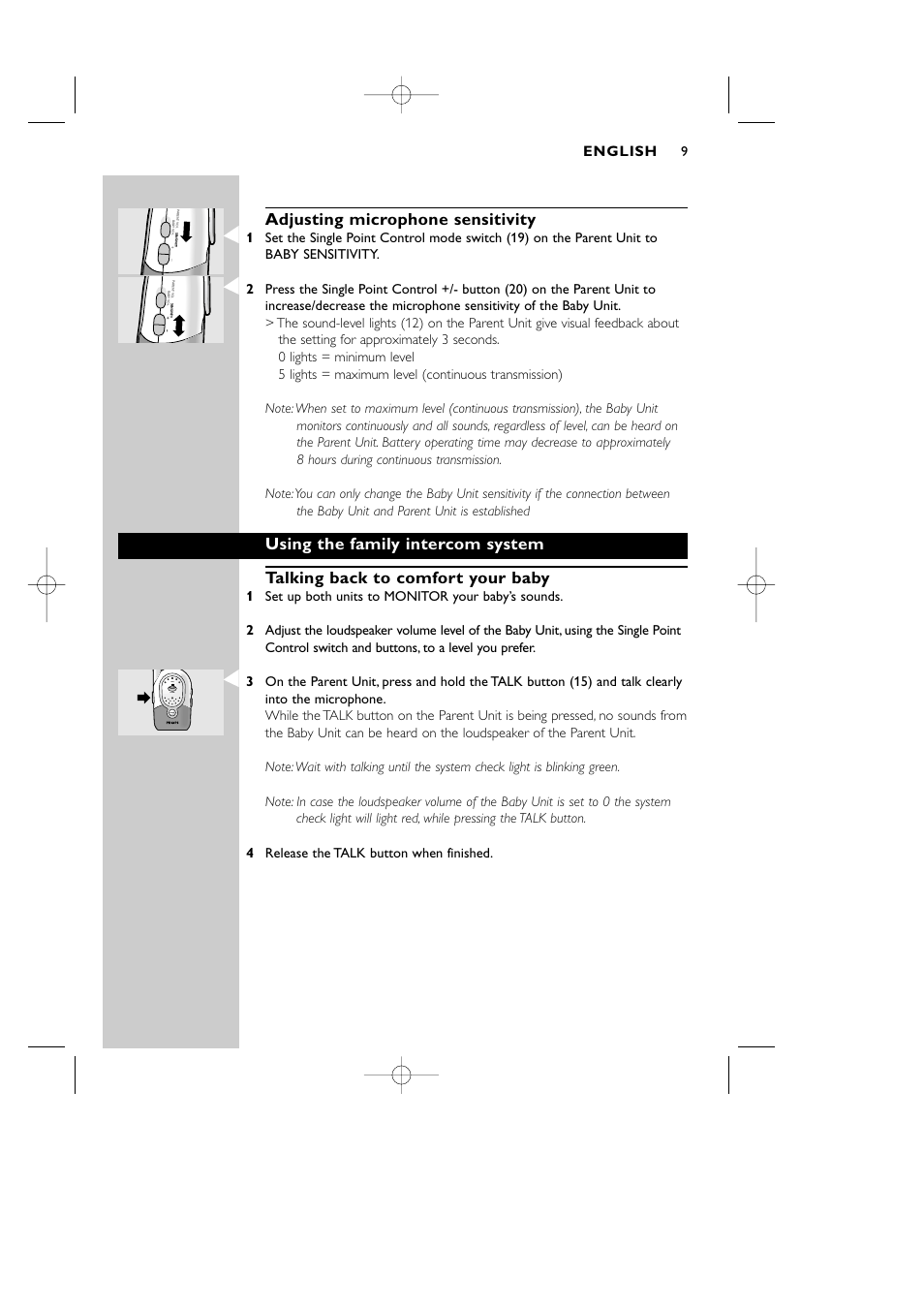 Adjusting microphone sensitivity, English | Philips Vigilabebés DECT User Manual | Page 9 / 137