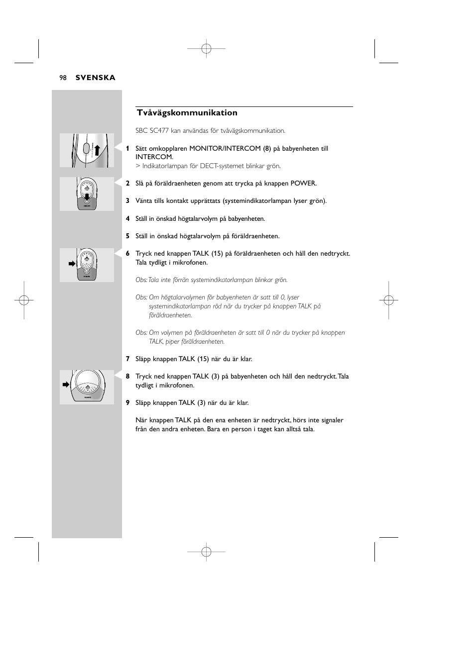 Tvåvägskommunikation, Svenska | Philips Vigilabebés DECT User Manual | Page 98 / 137