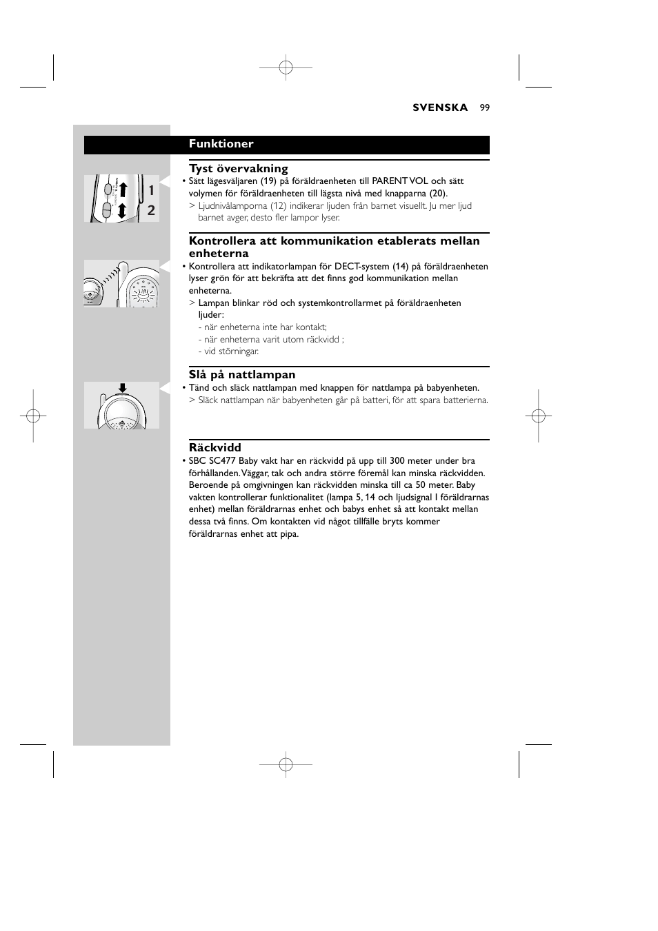 Funktioner tyst övervakning, Slå på nattlampan, Räckvidd | Svenska, Light system, 99 light system | Philips Vigilabebés DECT User Manual | Page 99 / 137